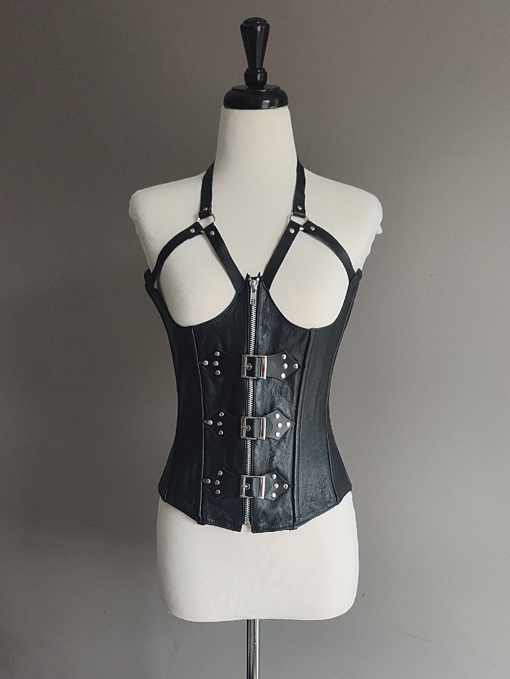 Black Unisex Genuine Leather Buckle Zipper Front Corset Halter